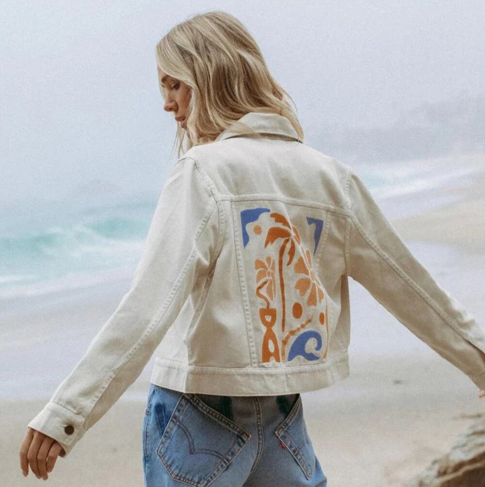 L*Space Jacket Women Small Cream Denim Embroidered Cropped Floral Boho NWT